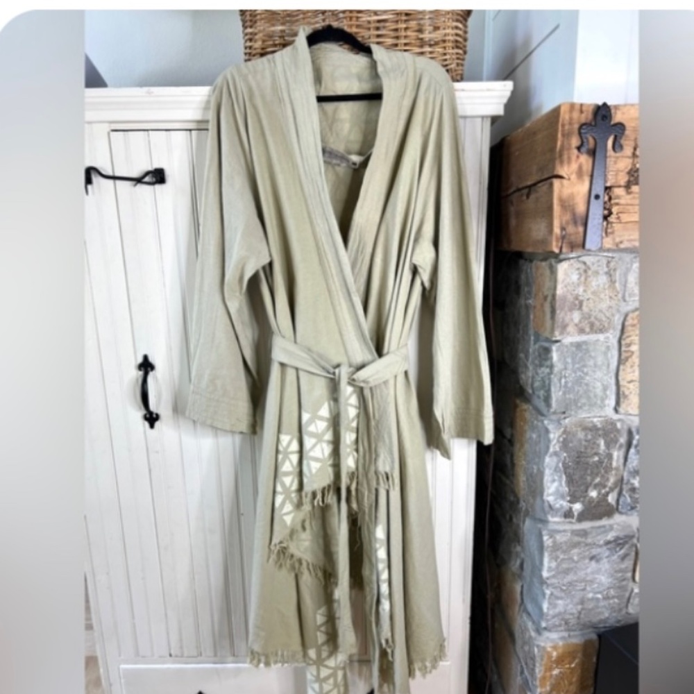 Chintamani Alchemistry Green Cotton Triangle Geometric Print Fringe Kimono